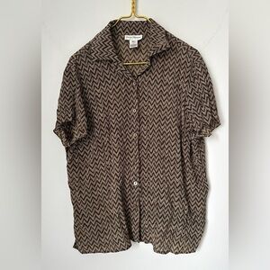 Vintage Rena Rowan Brown Chevron 100% Silk Short Sleeve Button Shirt Women’s 14W